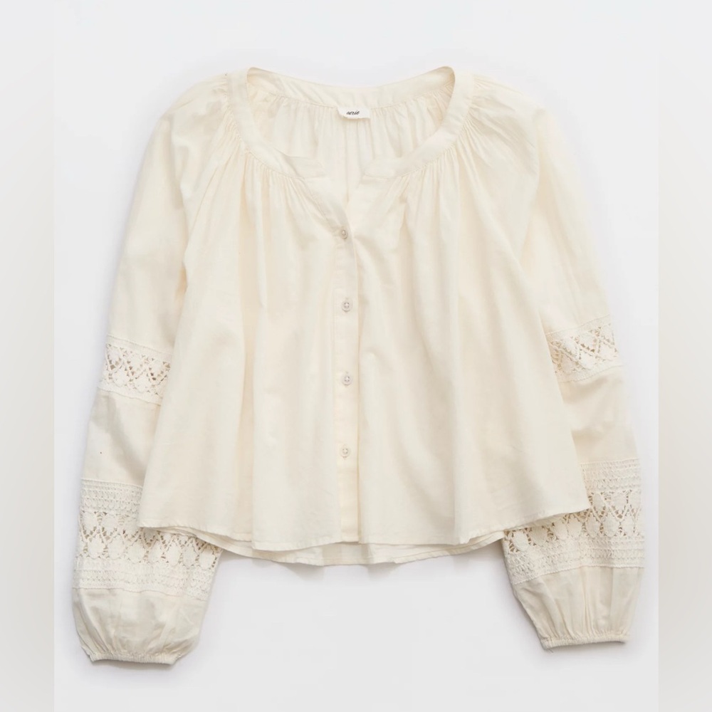 Aerie Long Sleeve Crochet Button Down Shirt Ivory Blouse Size L